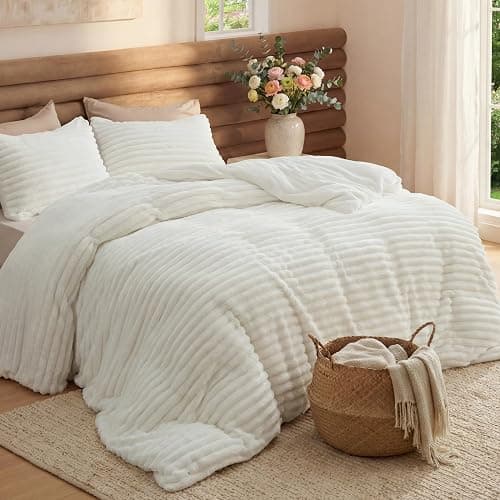 Bedsure Large Queen Fluffy Comforter Set, Cozy Fleece Cream White Bedding | Ultrasoft Ribbed Flannel Comforter, Fall & Winter Warm Bedding Set, Gift for Women, Room Decor Aesthetic, OEKO - Image 1