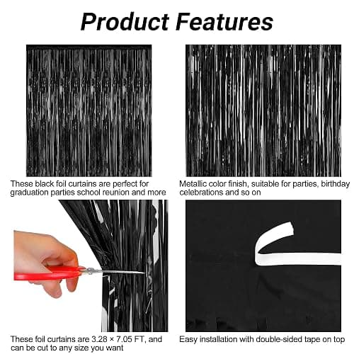 ZATAYE 2 Pack Black Foil Curtain Backdrop Birthday Party Decorations | Black, Metallic Foil, 3.28 x 7.05 FT, Tinsel Backdrop, Foil Curtain Streamer, Halloween New Years Eve Party thumbnail 5