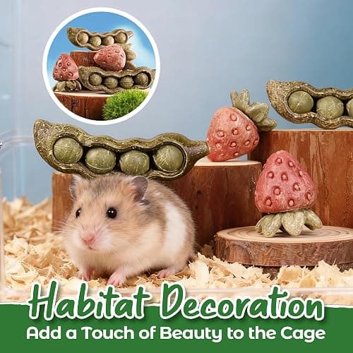 TEEWY 4PCS Guinea Pig Toys, Prevent Teeth Overgrowth, Natural Vegetables and Timothy Grass, Hamster Chew Toys, Guinea Pig Chew Toys, Chinchilla Toys, Peapod and Stawberry Chew Toy Set thumbnail 5