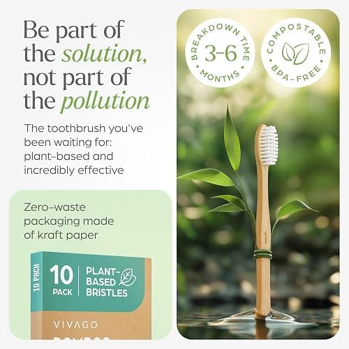 VIVAGO Bamboo Toothbrushes 10 Pack – Natural Toothbrushes, Plant-Based Soft Bristles – Eco-Friendly Wooden Toothbrush thumbnail 3