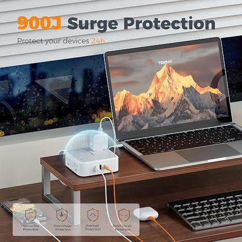 TESSAN Surge Protector Power Strip with 900J Surge Protection, 10 Ft, Grey | 8 AC 3 USB Ports (1 USB C 20W PD), Flat Plug Extension Cord with Multiple Outlets , 3 Sided Outlet Extender for Dorm Room thumbnail 3