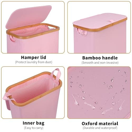iEGrow 65L Slim Laundry Hamper, Narrow Laundry Basket with Lid,Foldable Clothes Hamper with Bamboo Handles,Hamper Basket with Removable Inner Bag for Laundry Room Bedroom College Dorm,17.17 Gals Pink thumbnail 5