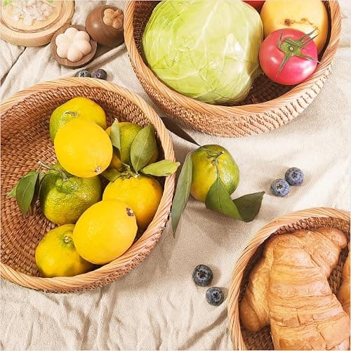 9.2" Medium Round Rattan Wicker Bread Basket, Natural Fruit Basket for Kitchen Counter, Hand Woven Food Baskets, Artisanal Bread Baskets for Serving, Fruit, Vegetable, Snack, key, Etc. thumbnail 2