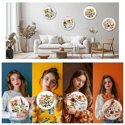 VIVIDOX 4 Sets Embroidery Kit for Beginners with Stitch Video, Flower Cross Stitch Kits for Adults, Starter, Hand Craft Lover Practice with Floral Stamped Pattern, 2 Hoops, 16 Needles, Scissors, Tools thumbnail 7