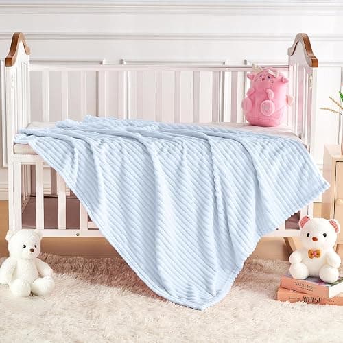 Eonkasp Soft Fleece Baby Blanket Ultra Cozy Blue Baby Blankets for Boys Warm and Lightweight Infant Toddler Newborn Receiving Gift with Reversible Stripes for Crib Stroller, 30x40 Inch, Light Blue thumbnail 2