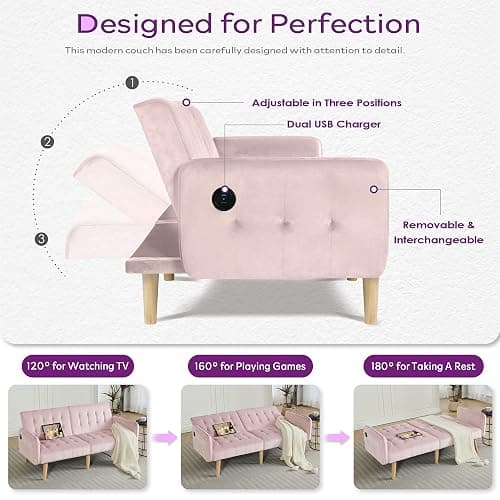 TYBOATLE 65" W Velvet Modern Convertible Folding Futon Couch Sofa Bed w/ 2 USB Charging Ports and arms, Loveseat for Compact Living Space, Dorm, Game Studio, Bonus Room, Apartment, Bedroom (Pink) - Pink thumbnail 4