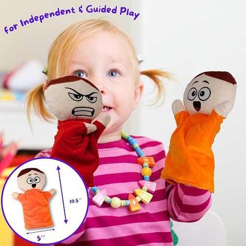 4E's Novelty Feeling Hand Puppets for Kids with 6 Emotions, with Moveable Arms, Soft Plush Hand Puppets for Toddlers, Early Education Toys, Social Emotional Learning Activities - Pack of 6 thumbnail 5