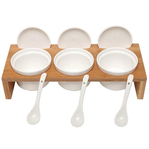 MyGift 10 Pcs Sauce Serving Dish, Hosting Party Essentials Host Gift, 3 Ceramic Ramekin Chip Dip Bowls with Lids & Spoons, Premium Bamboo Server Tray, Condiment Pot Entertaining thumbnail 6
