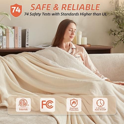BEARKISS Electric Heated Blanket,50"x60" Heating Throw Flannel Cream | ETL Certified 9 Setting Electric Heated Throw Blanket,Machine Washable Auto Off for couch Bed Office, Gifts for Women Grandpa thumbnail 6