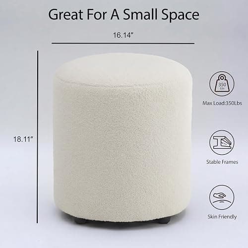gusohey Modern Round Vanity Stool, Small Ottoman, Cute Fabric Foot Stool, Teddy Fleece Footrest, Upholstered Vanity Chair, Stool for Makeup, Bedroom, Living Room (1, Round-White) thumbnail 2
