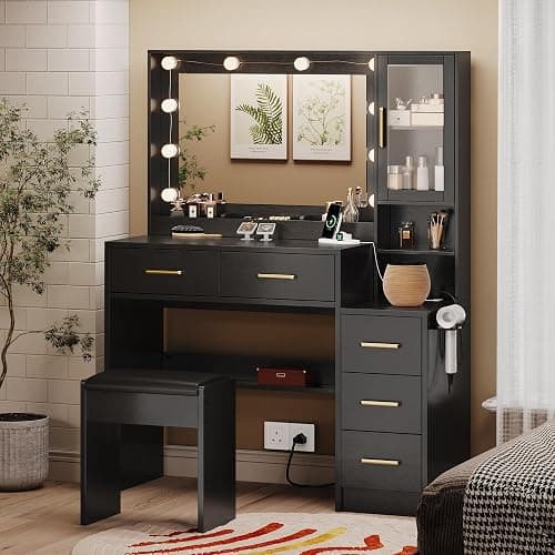 TOKSOM Makeup Vanity with Lights & Charging Station, Black Vanity Table with 5 Drawers & Open Storage Shelves, Bedroom Makeup Dressing Table Set for Women Girls Golden Handles thumbnail 7