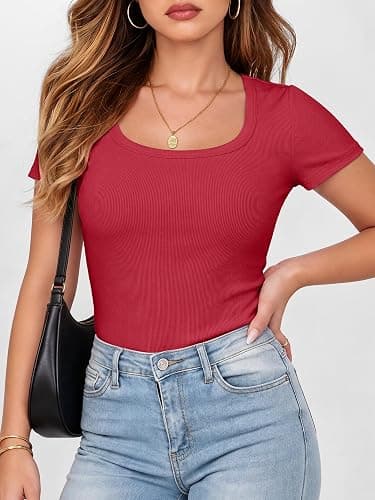 ANRABESS Women Short Sleeve Tops Scoop Neck Ribbed Knit Slim Fitted Basic Tee Shirt Casual Summer Clothes 2026 Spring Outfits thumbnail 2