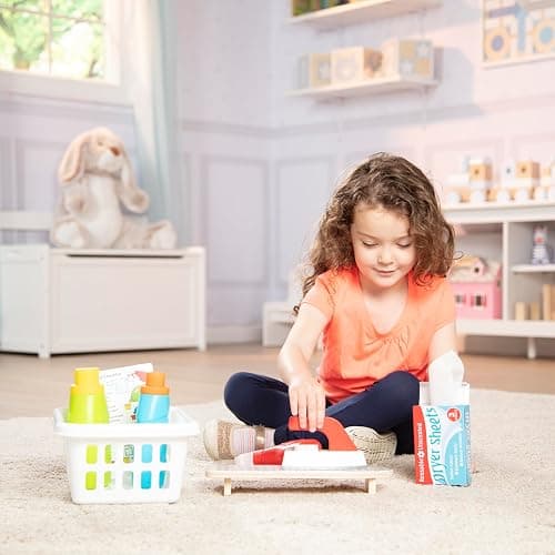 Melissa & Doug Laundry Basket Play Set with Wooden Iron, Ironing Board, and Accessories (14 Pcs) Pretend Play Laundry Set for Kids with Iron thumbnail 7