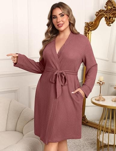 Ekouaer Women's Plus Size Robe Waffle Knit Bathrobe Short Lightweight Kimono Robes with Pockets Maternity Robe 1x-5x thumbnail 2