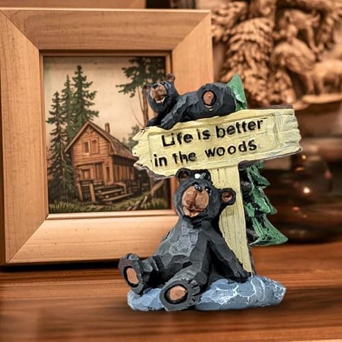 Black Bears with “Life Is Better in the Woods” Sign Figurine – Resin Woodland Wildlife Sculpture with Pine Tree and Rock Base, Rustic Cabin & Lodge Tabletop Decor, Nature-Inspired Gift for Bear Lovers thumbnail 2