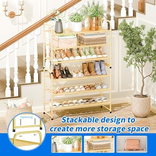 SUFAUY Shoe Rack for Closet, 33 inch Metal Shoe Shelf Heavy Duty, 3 Tier Mesh for Shoes, Gold thumbnail 4