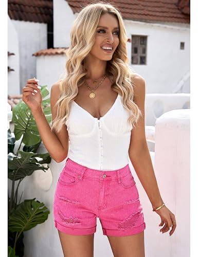 luvamia Women's Ripped High Waisted Denim Shorts Stretchy Cuffed Hem Jean Shorts thumbnail 3