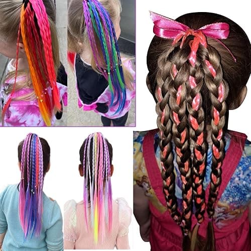 Colored Hair Extensions for Kids,Braided Ponytail Extension,Hair Accessories for Girls,colored hair braids extensions,6pcs Crazy Hair Day Accessories hair tie with (6PCS Colorful Braids) thumbnail 5