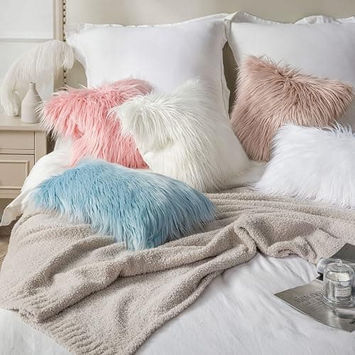 Phantoscope Faux Fur Solid Decorative Pillow Cover Fluffy Throw Pillow Mongolian Luxury Fuzzy Pillow Case Cushion Cover for Bedroom and Couch,Pink 18 x 18 Inches thumbnail 6