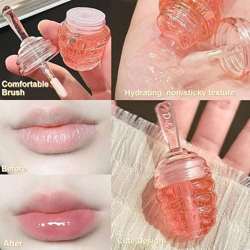 Honey Lip Oil, 2PCS Clear Lip Gloss Set Moisturizing Lip Glow Oil, Hydrating Long Lasting Plumping Lip Oil Non-Sticky Lip Glow Balm Lip Care, Cute Honey Flavors Liquid Lipstick thumbnail 4