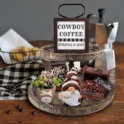 Nichake Framed Western Kitchen Decor, Cowboy Coffee Strong & Hot Wooden Sign, Farmhouse Coffee Bar Decor for Tiered Tray thumbnail 6