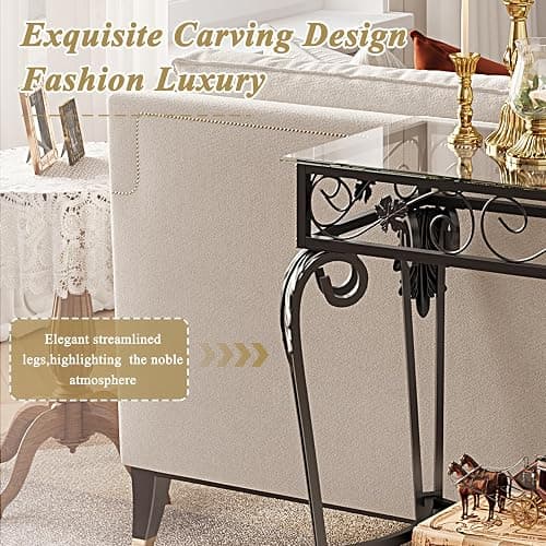 HavenlyYouth Console Table 47.2", Tempered Glass Sofa Tables, Vintage Entryway Table with Metal Frame, Console Tables for Living Room, Entrance, Foyer, Adjustable Feet (Black) thumbnail 7