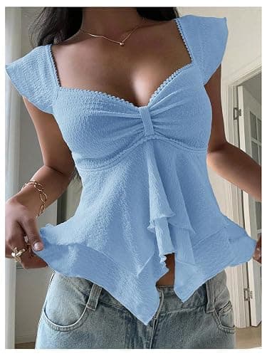 RoseSeek Women's Flowy Going Out Tank Top Sweetheart Neck Cap Sleeve Summer Ruffle Elegant Crop Tops thumbnail 3