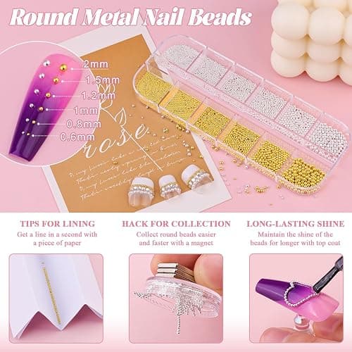 2 Boxes Flatback Pearls (White+Beige) and Silver+Gold Nail Beads for Nail Art with Rhinestone Glue Gel, Pearl Nail Charms and Gems and Small Round Caviar Beads for Acrylic Nail Tips Manicure thumbnail 3