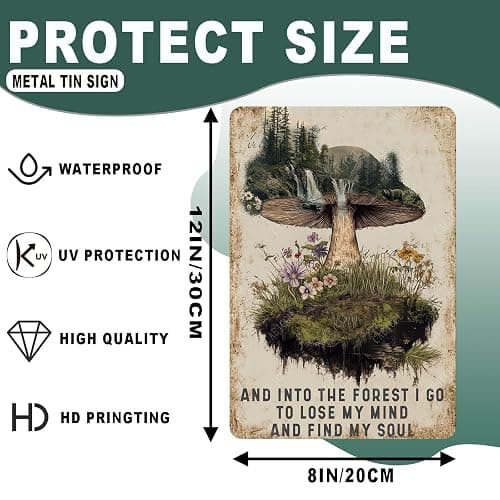 CAEJCCL And Into The Forest I Go To Lose My Mind Funny Metal Sign Vintage Mushroom Forest Tin Signs Retro Wall Decor Home Garden Yard Garage 8×12 Inch thumbnail 3