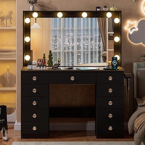 DINGIPP 43.3" Vanity with Large Mirror and 10 LED Lights, Vanity Desk with Glasstop, 11 Drawers with Crystal Handles, Dressing Table with Power Outlet as Gift for Women, Girls (Black) thumbnail 8