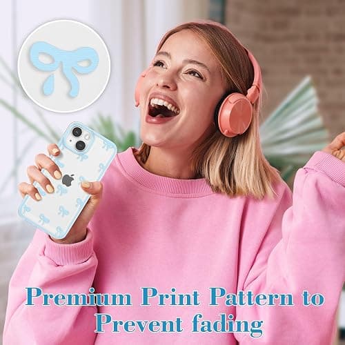 EYZUTAK Case for iPhone 15, Clear Cute Ribbon Bowknot Pattern Aesthetic Transparent Phone Case Raised Camera Protection Stylish Slim Soft Durable TPU Protective Cover for Women Girls - Blue - iPhone 15 - Blue thumbnail 6