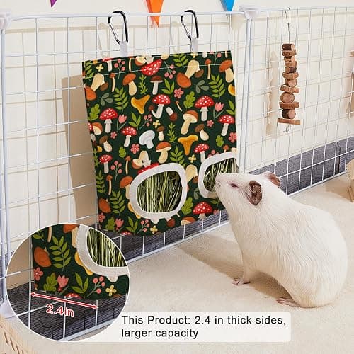 Glittme 2 Pack Guinea Pig Hay Feeder, 11.5x9 Inch Hay Bag for Rabbits, Hanging Hay Holder for Guinea Pigs Cage Hay Feeder for Bunny, Small Pets,Green Mushroom thumbnail 4