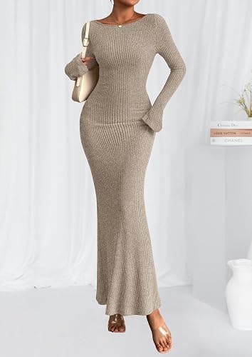 PRETTYGARDEN Women's Fall Fashion 2025 Long Sleeve Maxi Dress Ribbed Knit Boat Neck Bodycon Casual Dresses Going Out Outfits thumbnail 2