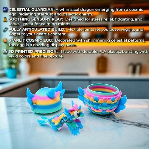 Articulated Dragon with Fantasy Egg – 3D Printed Mythical Creature Gift, Posable Jointed Companion, Collectible Detailed Shelf or Desk Decoration - For Adults (Celestial Glow Dragon + Egg) thumbnail 4