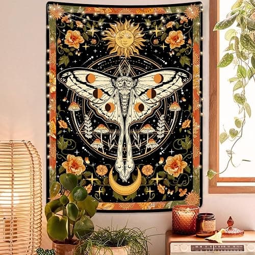 Aipon Orange Moth Tapestry Boho Retro Floral Flowers Tapestries Aesthetic Vintage Mushroom Tapestries for Bedroom Indie Small Tapestry Wall Hanging for Living Room Dorm (30'' × 40'', Orange) - Image 1