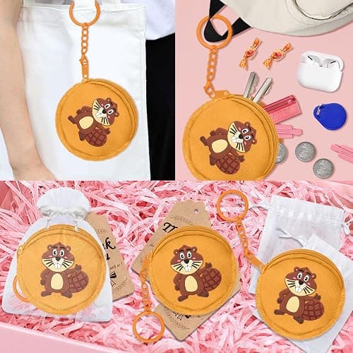 Elecrainbow 36 Pack Beaver Change Purses Set Include 12 Wallets with Keyring, 12 Thank You Tags and 12 Organza Bags for Safari, Jungle,Wild Birthday, Castor Decoration,Khaki thumbnail 4