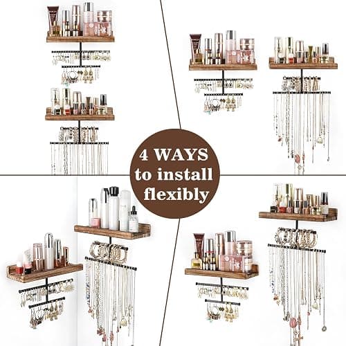 Keebofly Hanging Wall Mounted Jewelry Organizer with Rustic Wood Jewelry Holder Display for Necklaces Bracelet Earrings Ring Set of 2 Carbonized Black,[Patented] thumbnail 6