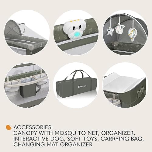Lionelo Sven Plus 2in1 Travel Cot and Portable Baby Zone for newborns 0-36 Months Foldable with 2-level Heights, Changing Table, Mattress, Side Entrance Mesh Walls Mosquito Net Canopy Wheels Organiser thumbnail 9