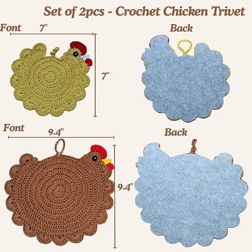 Handmade Crochet Chicken Trivets Set of 2, Chicken-Gifts, Valentine Gifts, Pot Holders, Heat Resistant Farmhouse Kitchen Home Decor, Cooking, Baking, Cute Desk Accessories, Tabletop Protection thumbnail 3