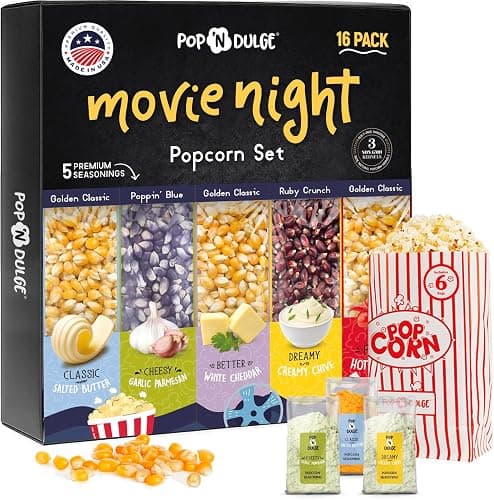 Pop n' Dulge Popcorn Movie Night Supplies 16 pcs Gift Set, 5 Gourmet Popcorn Kernels, 5 Seasoning Variety Packs Non-GMO Kosher Snacks, Great Housewarming Family Date Night Gifts Basket Ideas For Him Her - Image 1