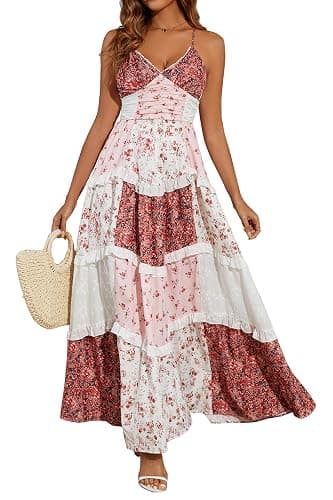 Women Floral Maxi Dress Spaghetti Straps V Neck Lace Patchwork Flowy Tiered Boho Beach Sundress Long Dresses - Image 1
