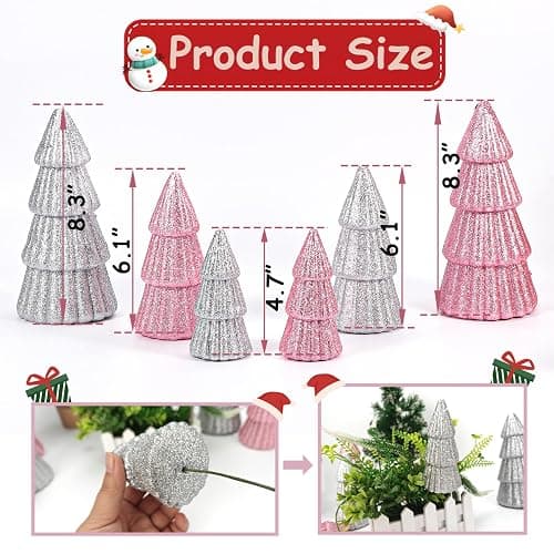 6Pcs Pink Christmas Decor, Tabletop Pink Christmas Tree for Christmas Decorations Xmas Centerpiece for Table Mantel Home Decor thumbnail 3