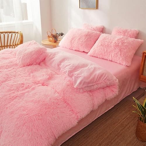 Fluffy Faux Fur Pink Comforter Cover Set Queen - Ultra Soft Plush Pink Bedding Sets 3 Pieces (1 Fluffy Duvet Cover + 2 Faux Fur Pillow case) Cute Bed Set (Light Pink, Queen) thumbnail 4
