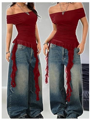 SweatyRocks Women's Off The Shoulder Asymmetrical Top Y2k T Shirts | Cap Sleeve Ruffle Mesh, Flowy Fit, Going Out, Country Concert Outfit thumbnail 5