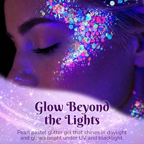 Art Factory Rave UV Reactive Body Glitter Gel – Pearl Pastel Cosmetic Glitter for Face, Hair & Body – Blacklight Glow Festival Rave Makeup, Long Wear Hair Glitter Paint, Party Accessories for Women thumbnail 2