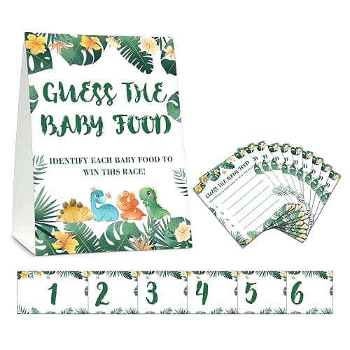 Dinosaur Baby Shower Party Game Cards - Guess The Baby Food - 5" x 7" Self-Standing Sign With 25 Fill-In Answer Cards & 6 Number Cards (2.1" x 3.5") - a03 - Dinosaur Guess The Baby Food - Image 1