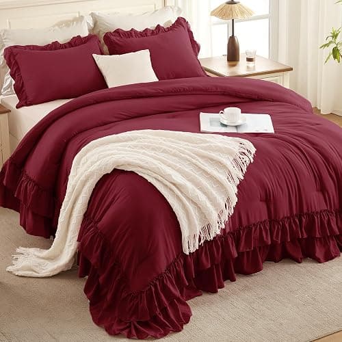 Andency Burgundy Comforter Set Queen Size, Lightweight Fluffy Farmhouse Ruffle Bedding Set, Soft Microfiber All Season Shabby Chic Bed Comforter Set 3 Pieces(1 Comforter 2 Pillowcases) thumbnail 3