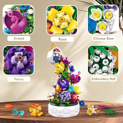 HOGOKIDS Flowers Music Box Building Set with Light for Adults Girls 6-12+ | Flower Botanicals Rotating Music Box Blocks Toy for Home Office Decor, DIY Craft Kits Birthday Gifts for Women Mom Kids thumbnail 4