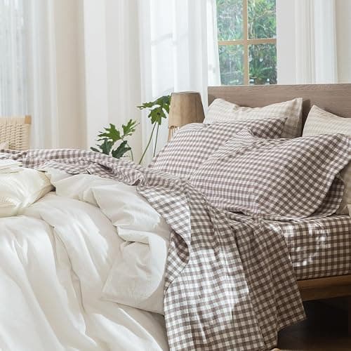 MooMee Gingham Sheet Set 100% Washed Cotton Linen Like Textured Breathable Soft w/Fully Elasticized 16-19" Deep Pocket (Classic Gingham Brown, Queen) - Image 1