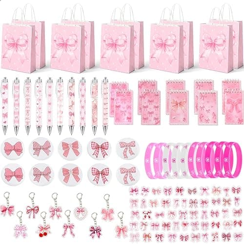 Pink Bow Party Favors for Girls 110pcs Coquette Bow Goodie Gift Bags with Notebook Pen Mirror Stickers Wristband, Girly Pink Party Supplies Bridal Shower Gifts Childrens Day Birthday Party Decorations - Image 1